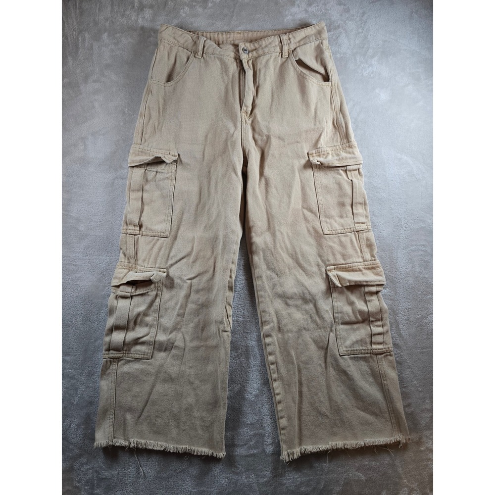 SHEIN Pants Womens L 8/10 Beige Cargo Utility Wide Leg Frayed Hem 28" Inseam